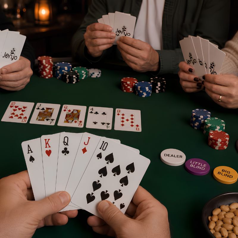 Cards in hand with poker table in background