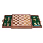 wooden checkers board with two draws open