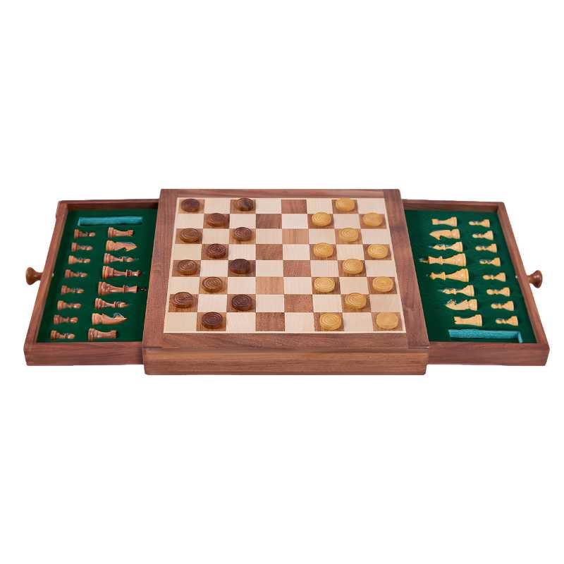 wooden checkers board with two draws open