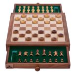 wooden checkers board with two draws open to showcase pieces