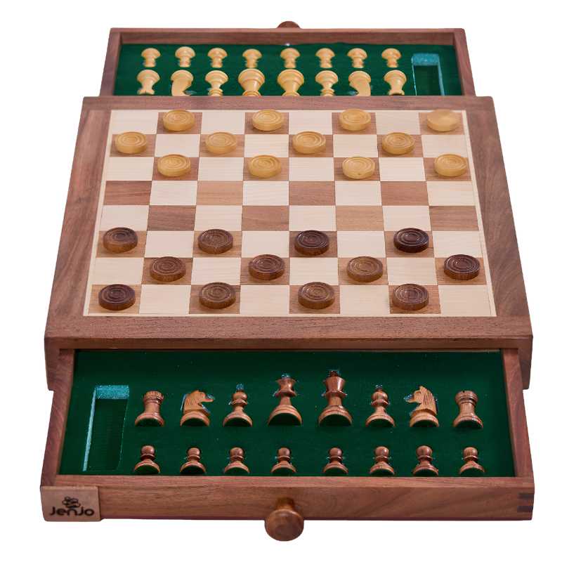 wooden checkers board with two draws open to showcase pieces