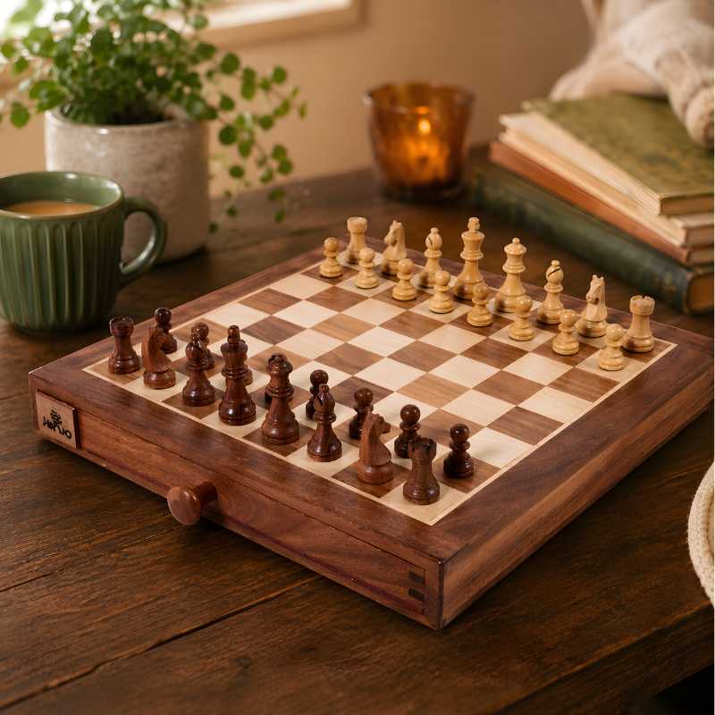 chess and checkers on a coffee table