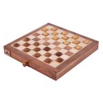 wooden checkers board setup ready to play on a angle