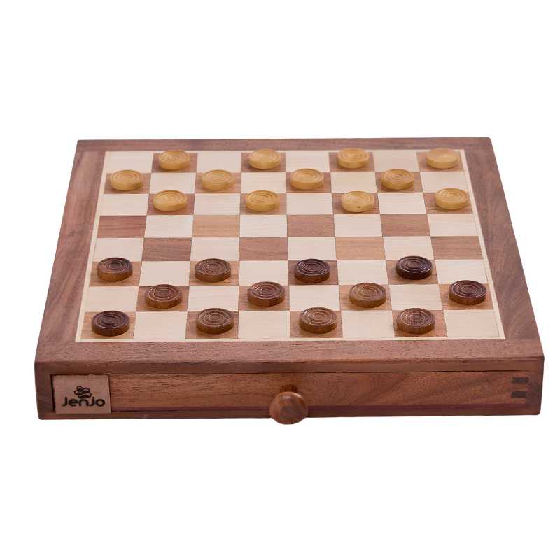 wooden checkers board setup ready to play
