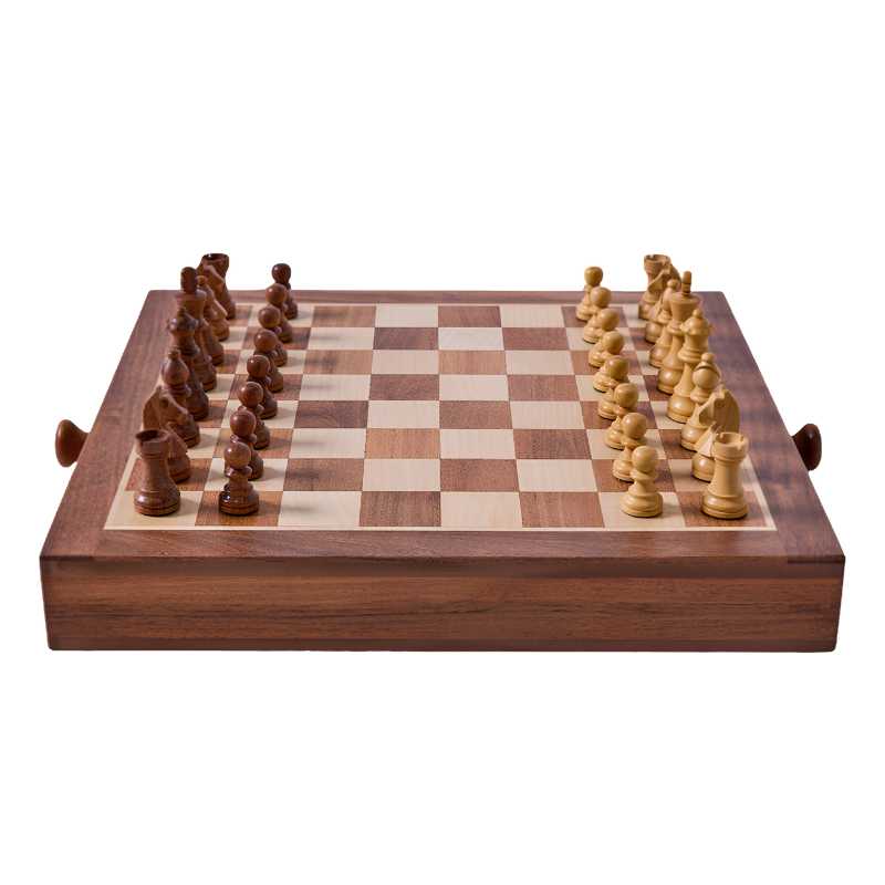 wooden chess board with wooden chess pieces facing sideways