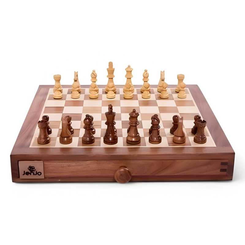 wooden chess and checkers board with wooden chess pieces and draw