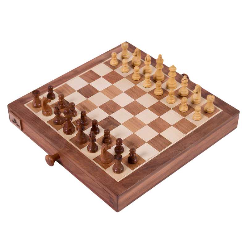 wooden chess board with wooden chess pieces