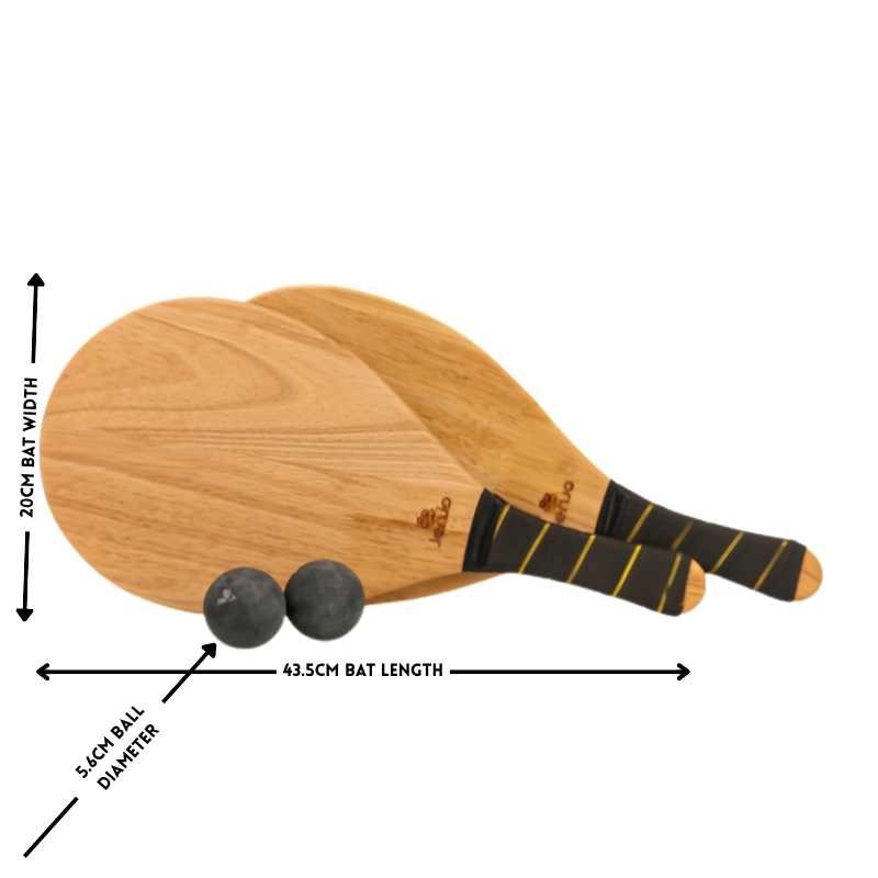 two wooden frescobol bats with measurements