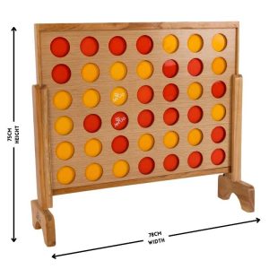 wooden mega four in a row game with yellow and red discs