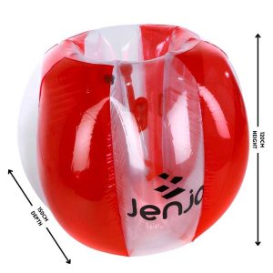 one red and clear adult bubble ball with measurements
