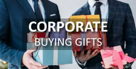 Corporate Buying with two men in suits holding gifts