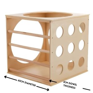 wooden cube with holes & climbing dowels