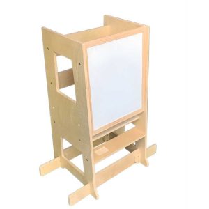 wooden learning tower with a whiteboard