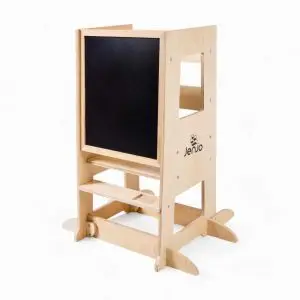 wooden learning tower with blackboard