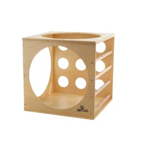 a wooden cube with holes and a hole in the middle