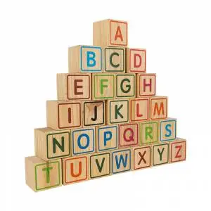 a stack of wooden blocks with letters