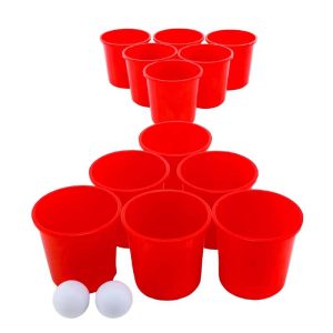 giant red buckets setup with two white balls