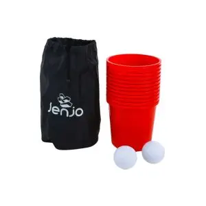 a red cups and a black bag with white balls