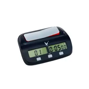 a black digital clock with a white cover