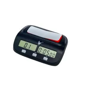 a black and white digital chess clock