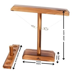 varnished wooden T frame with two rings