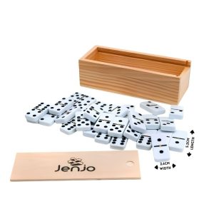 empty wooden box open with white dominoes spread out