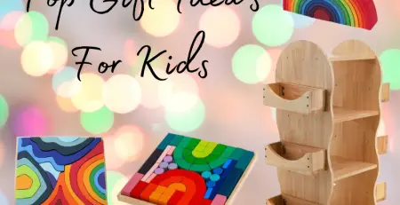 a wooden shelf with rainbows and a kids birthday gift