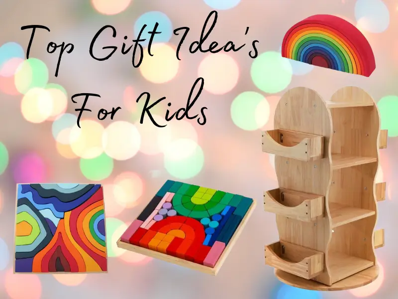 a wooden shelf with rainbows and a kids birthday gift