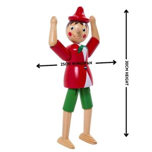 red wooden pinocchio with his hands up