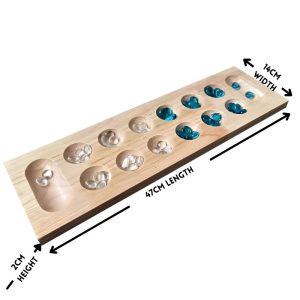 wooden mancala game with blue and white pebbles
