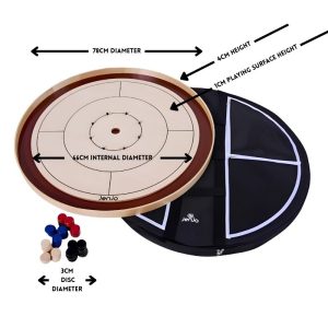 wooden crokinole with black carry bag and colourful discs