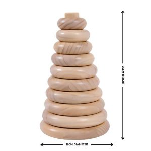 Wooden rings stacked on a wooden dowel biggest to smallest