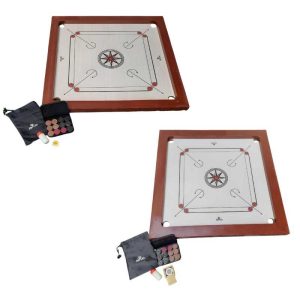 2 Carrom boards with coins, powder and striker underneath